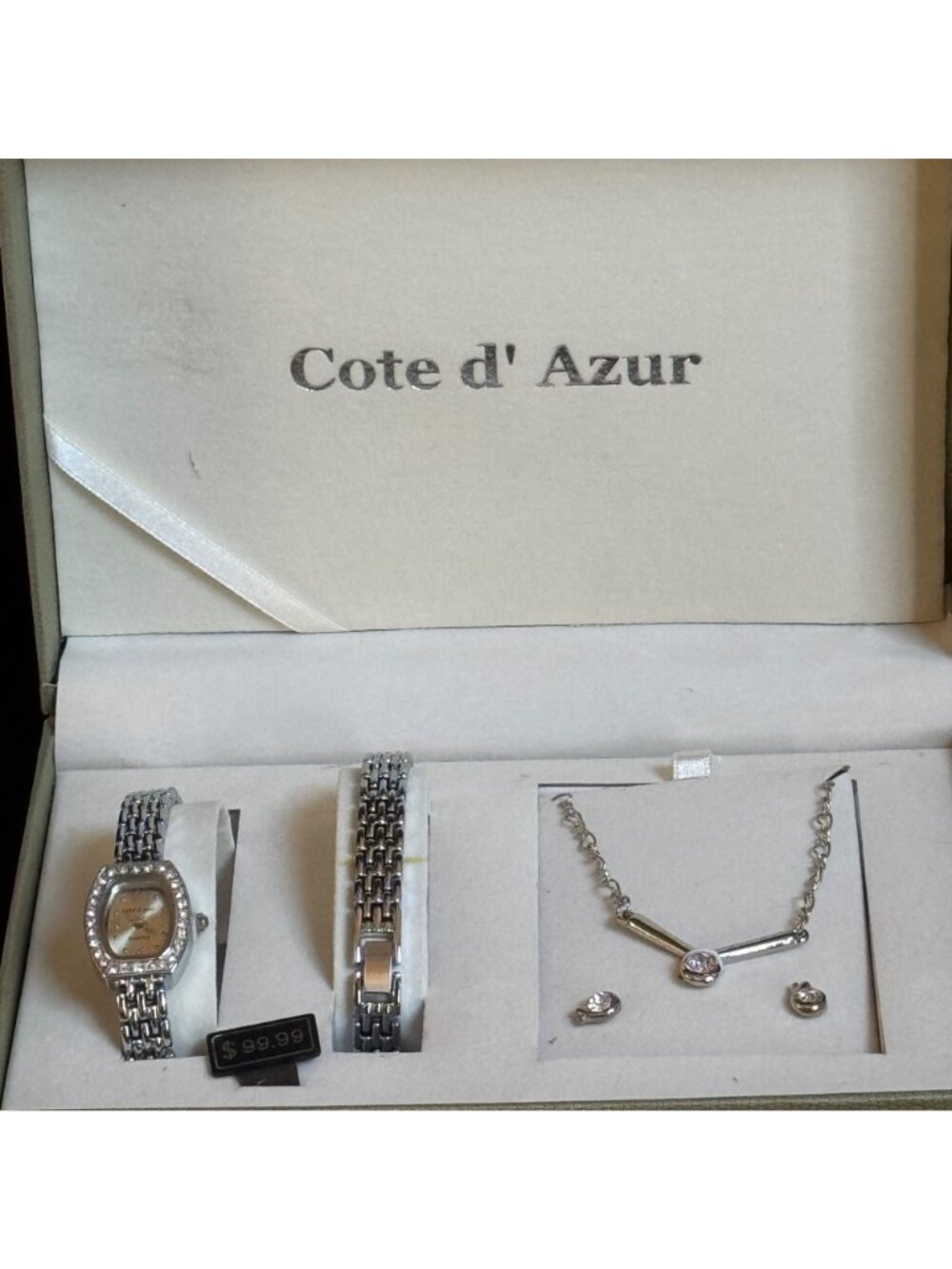 COTE D' AZUR Silver-Toned Set Watch Necklace Earrings Bracelet Clear Gemstones - Picture 2 of 9
